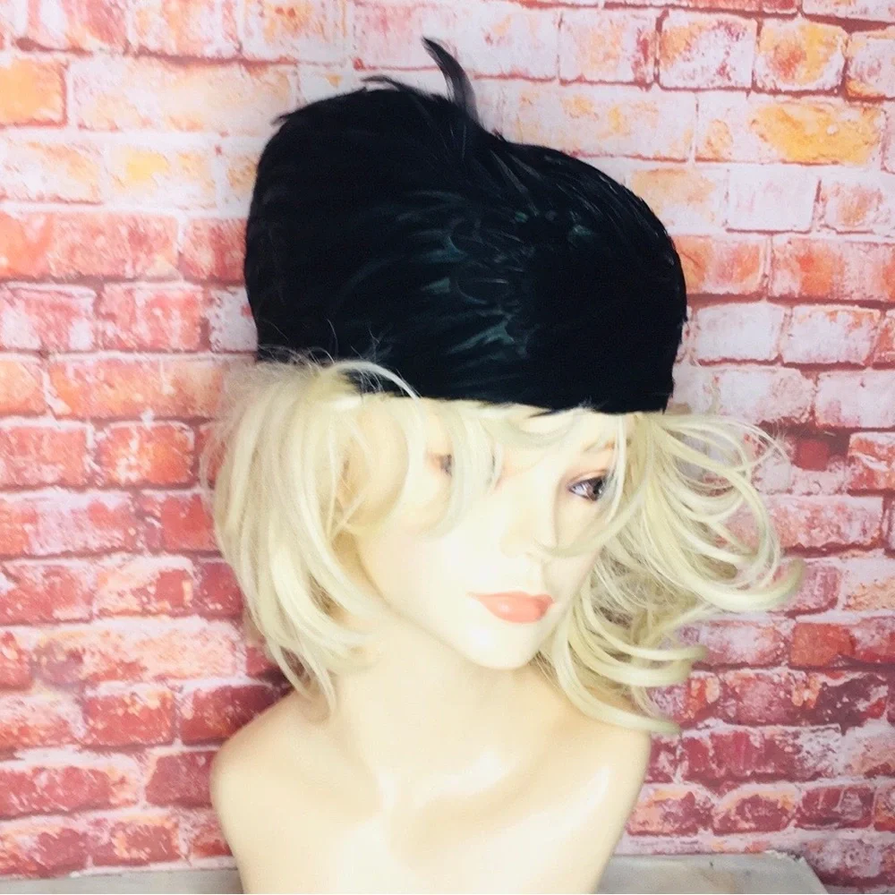 Vintage MCM Mr. John's Black Iridescent Feather Toque Hat in Original Box